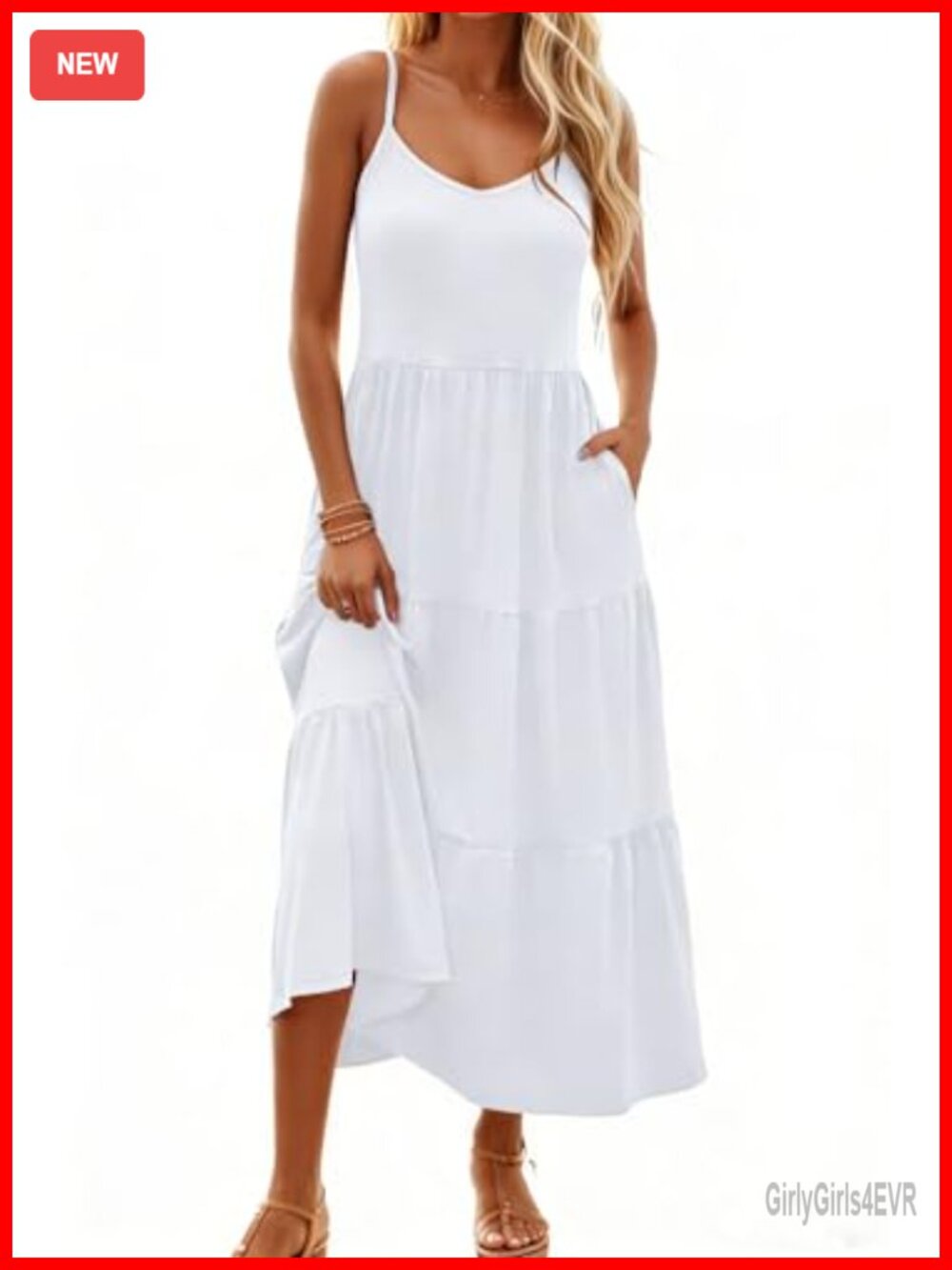 Sleeveless Maxi Sundress Flowy Tiered Beach Dress with Pockets